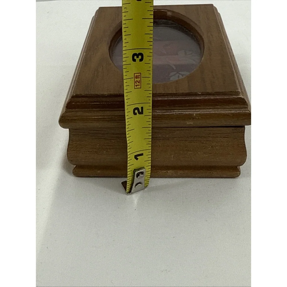 Vintage Small Wooden Jewelry Box Etched Flower Design Oval Glass Top Pink Velvet